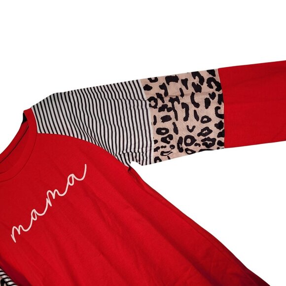 Mama Red Long Sleeve Raglan T-Shirt With Striped & Leopard Print Accents X-Large - Picture 5 of 8